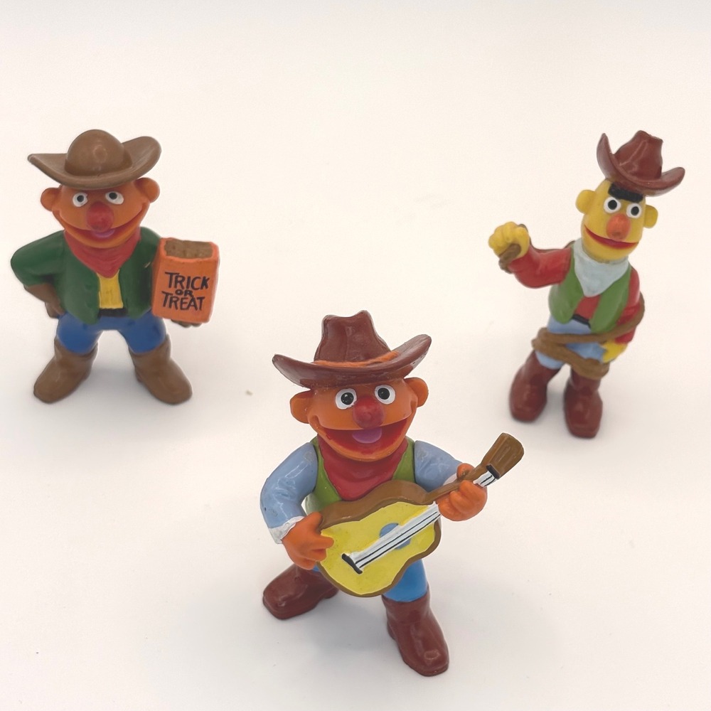 Vintage Sesame Street Cowboy Bert and Ernie PVC Mini Figures Lot of 3 Muppets